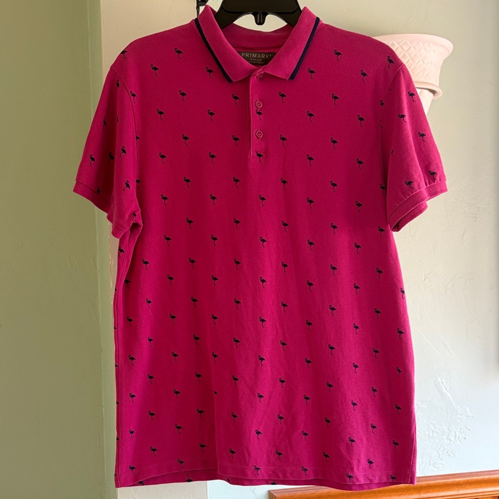 Primark Bright Pink Polo with Small Flamingo Print